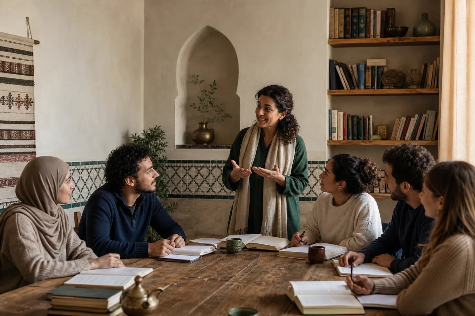 A teacher leading a warm small-group Arabic lesson around a wooden table