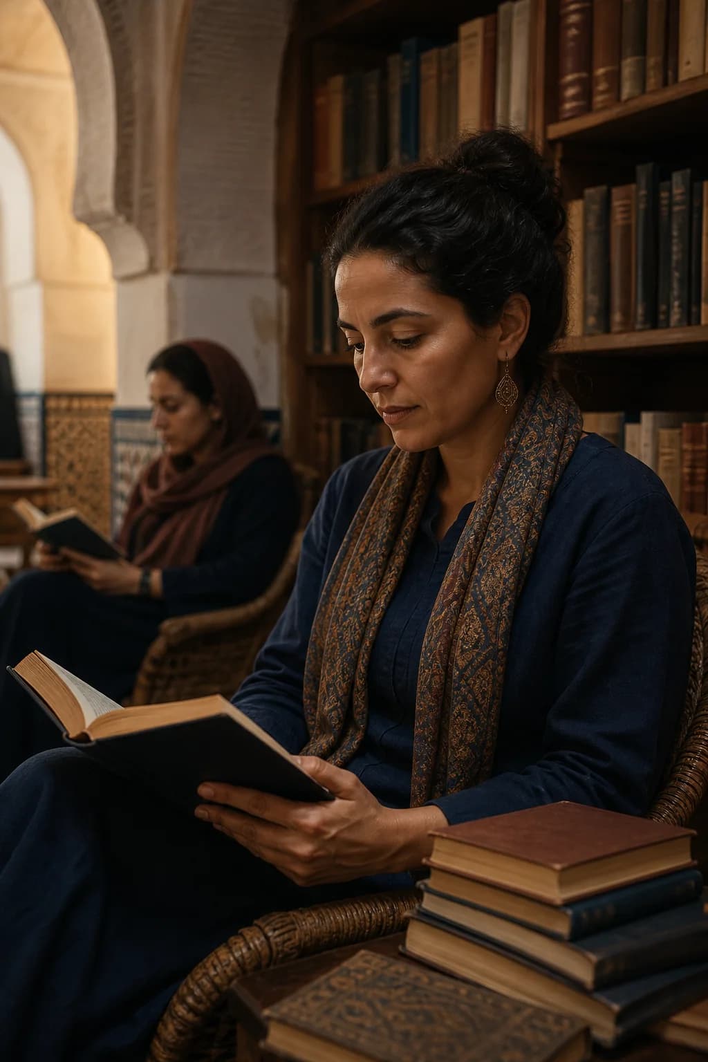 An adult learner reading thoughtfully in a warm library